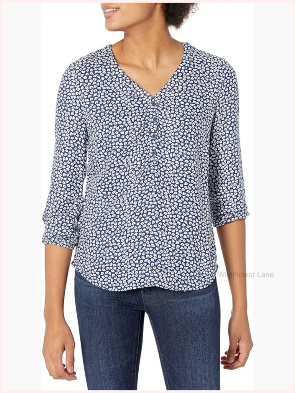 Women's 3/4 Sleeve Button Popover Blouse, Loose Fit V-Neck